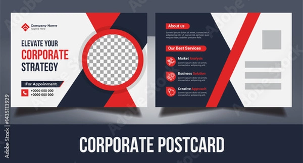 Fototapeta Editable corporate business postcard EDDM design template layout with red round elements for marketing promotion company services