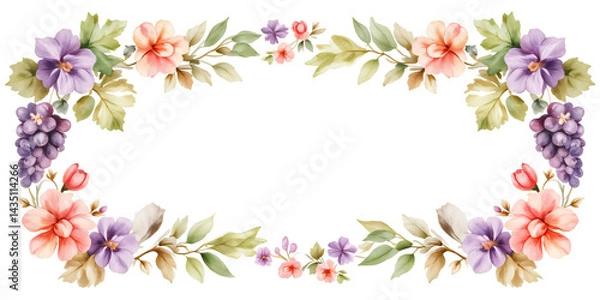 Fototapeta Watercolor, grapevine frame and various flowers, soft and bright colors, suitable for decorating cards, borders, etc.