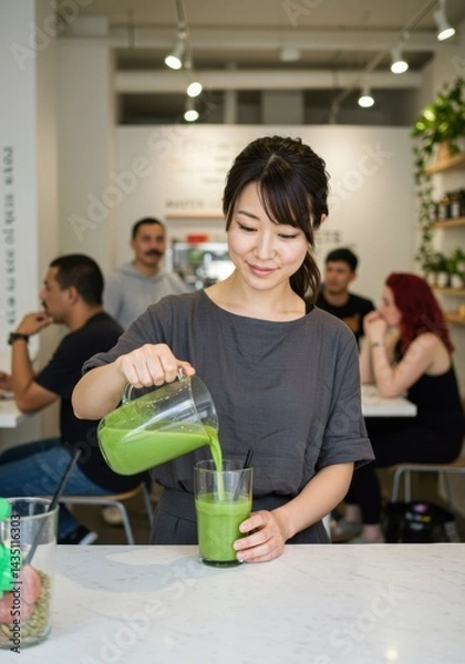 Obraz ウェルネスカフェでスムージーを注ぐ女性（ai生成画像）