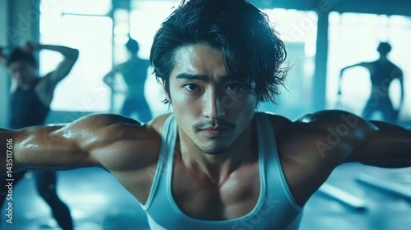 Obraz グループワークアウトでストレッチする男性（ai生成画像）