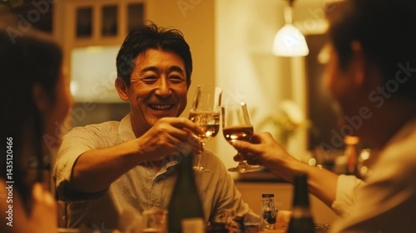 Obraz ディナーテーブルで笑い合うカップルと友人たち（ai生成画像）