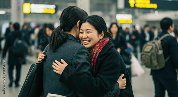 Obraz 空港で友人と抱き合う女性（ai生成画像）