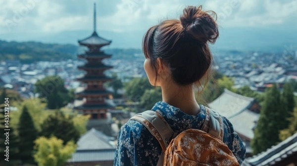 Obraz 遺跡を見上げる女性と旅仲間たち（ai生成画像）