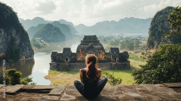 Obraz 遺跡を見上げる女性と旅仲間たち（ai生成画像）