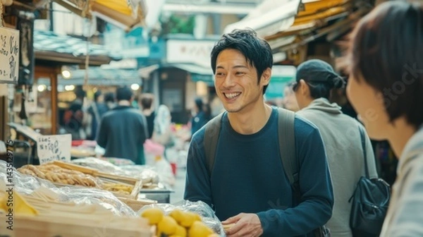 Obraz ローカルマーケットで笑顔を交わす男性（ai生成画像）