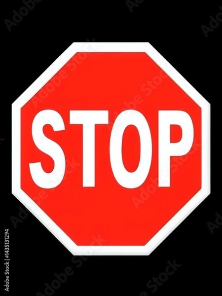 Obraz Red stop sign on black background, bold stop traffic sign illustration, octagonal stop symbol, road, signal, icon, symbol, caution, transportation, alert, street, control, safety, instruction