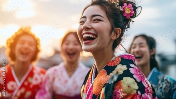 Obraz 着物を試着する女性と笑う友人たち（ai生成画像）