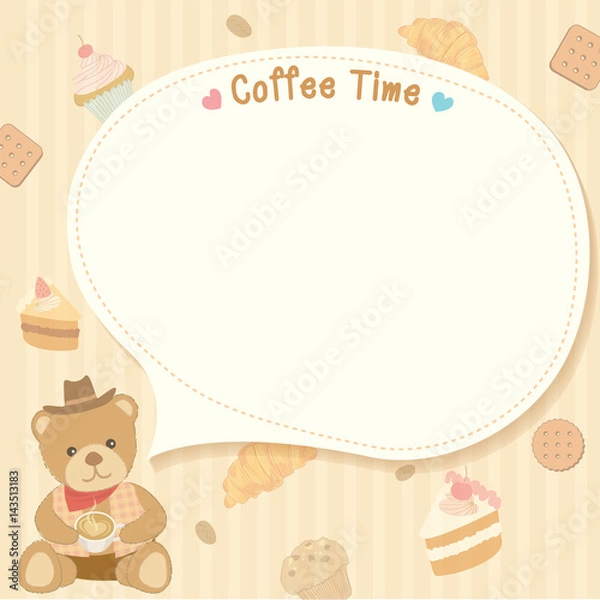 Fototapeta Coffee time with teddy bear on bakery pattern background.