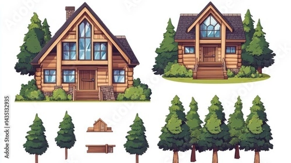Fototapeta Two log cabins in forest, design elements, illustration, for game assets