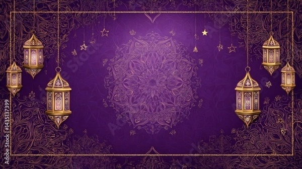 Obraz Purple Backdrop with Golden Lanterns, Stars and Intricate Floral Ornamental Lines
