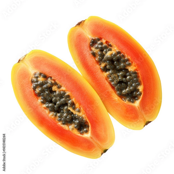 Obraz two halved papayas revealing their vibrant orange flesh and black seeds nestled in the center this tropical fruit is known for its sweet flavor and nutritional benefits. often used in smoothies. salad