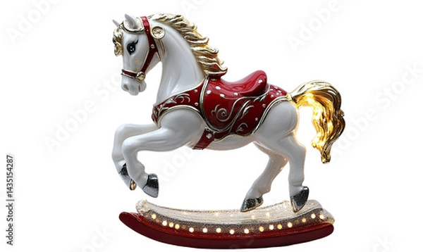 Obraz Elegant white carousel horse figurine with red saddle, showcasing intricate details and a whimsical charm, perfect for festive decorations. on transparent background