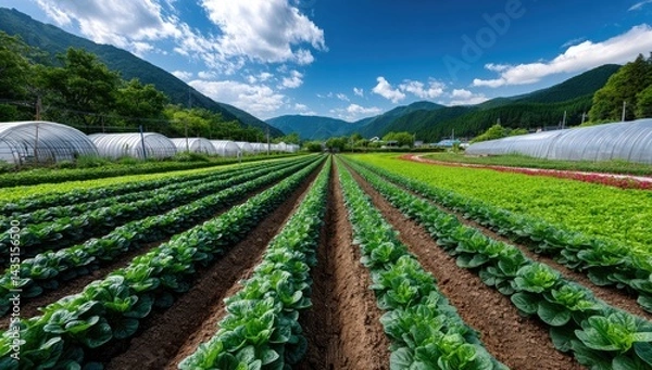 Fototapeta A large greenhouse with rows of lush, green plants growing, surrounded by an open field under clear blue skies