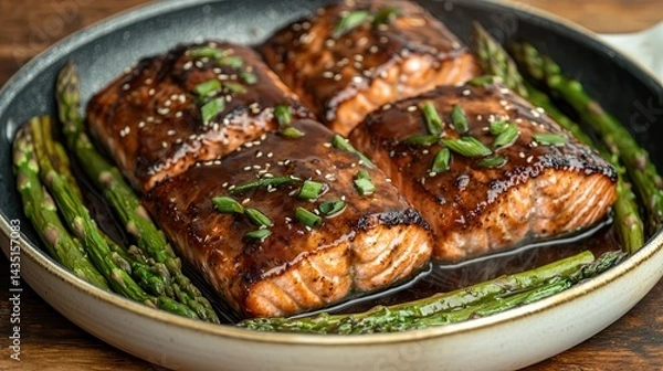 Fototapeta Teriyaki salmon asparagus grilled Savory salmon fillets with asparagus in a ceramic dish.