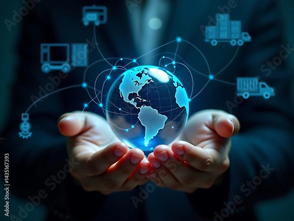 Fototapeta Hands holding globe with network connecting data of logistics management and supply chain operations, transportation routes, inventory systems, distribution centers, procurement strategies.