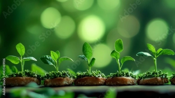 Fototapeta Five Green Sprouts Emerging from Round Bases on Softly Lit Green Background