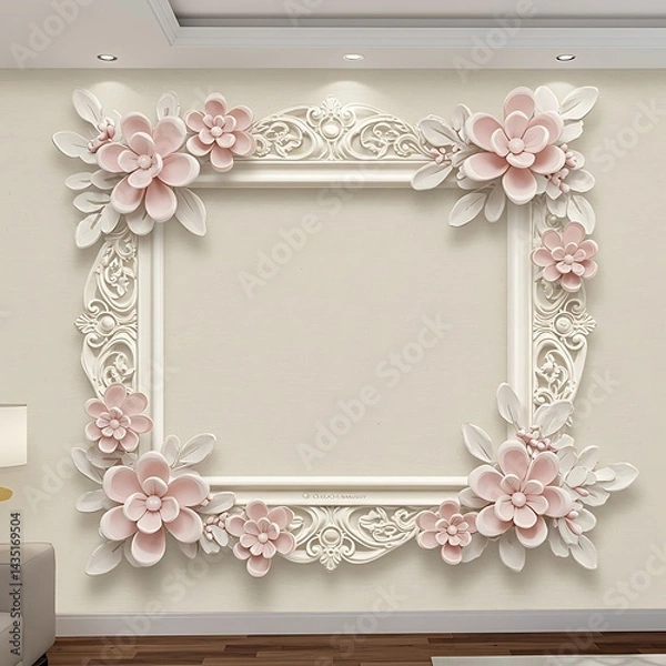Fototapeta Blush Floral Rococo Frame AI Generated
