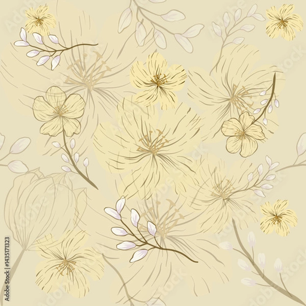 Obraz Light yellow flowers and white branches on a light yellow background.