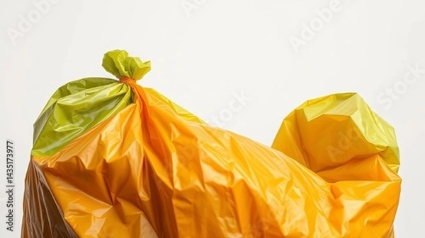 Fototapeta A vibrant yellow and green plastic garbage bag is tightly tied at the top against a plain white background.