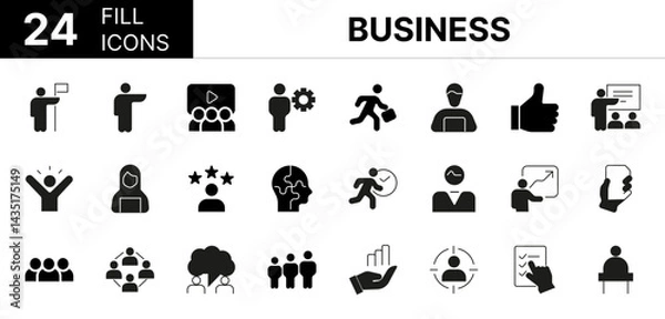 Obraz Collection of 24 Business fill icons featuring editable strokes. These outline icons depict various modes of Business, brainstorming, goal, success, agreements, candidate, meeting, leadership, men at 