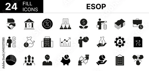 Obraz Collection of 24 Employee Stock Ownership Plan (ESOP) fill icons featuring editable strokes. These outline icons depict various modes of  ESOP retirement, work, participation, success, financial,