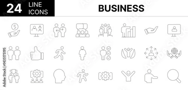 Obraz Collection of 24 Business line icons featuring editable strokes. These outline icons depict various modes of Business, brainstorming, goal, success, agreements, candidate, meeting, leadership, men at