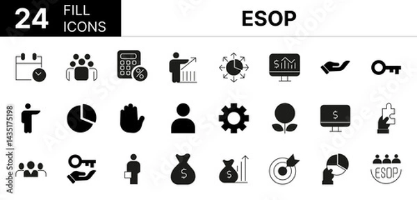 Obraz Collection of 24 Employee Stock Ownership Plan (ESOP) fill icons featuring editable strokes. These outline icons depict various modes of  ESOP retirement, work, participation, success, financial,