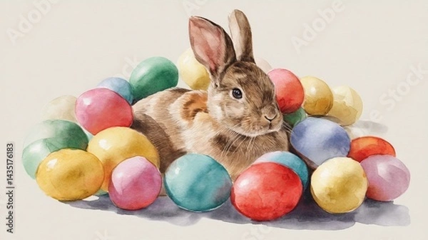 Fototapeta beautiful watercolor illustration of an easter bunny with eggs
