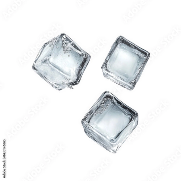 Obraz three clear ice cubes arranged on a white background. showcasing their transparent texture and sharp edges the focus on the ice cubes suggests a purpose related to cooling beverages or culinary presen