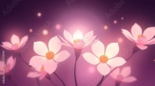 Fototapeta Ethereal spiritual vibe, modern flat design of flowers using simple, two-dimensional shapes and a light aura creating a mystical feeling