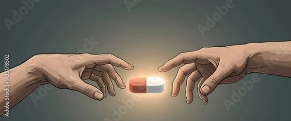 Obraz Hands reaching for a medicine capsule against a dark background  