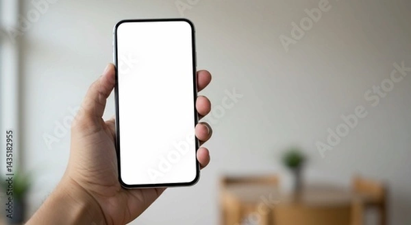 Obraz The image features a hand gently holding a smartphone with a pristine blank white screen, set against a softly blurred background with bokeh lights