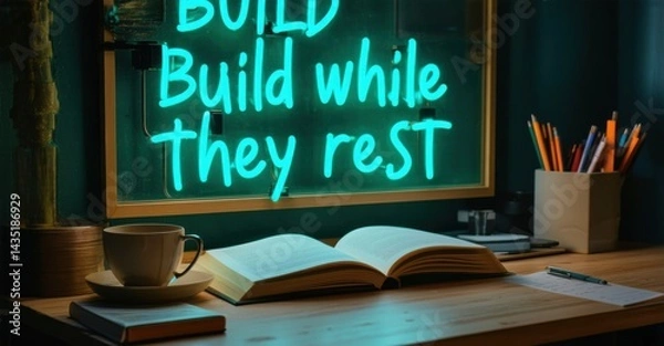 Fototapeta Bright neon sign says build while they rest. Coffee cup, open book, pens present on wooden desk. Inspiring workspace, motivation, creativity.