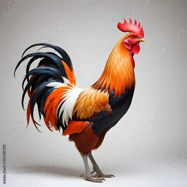 Obraz A rooster displaying a vibrant orange and black tail, showcasing its striking plumage and colorful features