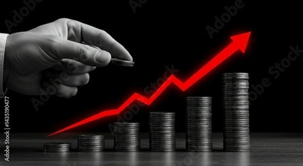 Fototapeta fingers stacking shiny metallic coins with a sharp red growth arrow floating above them with monochrome color