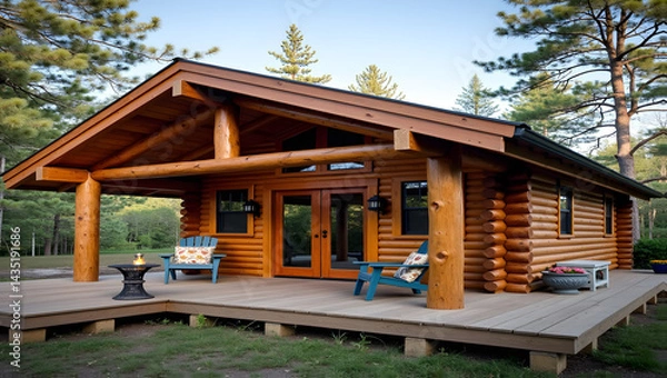 Obraz Rustic log cabin with outdoor deck
