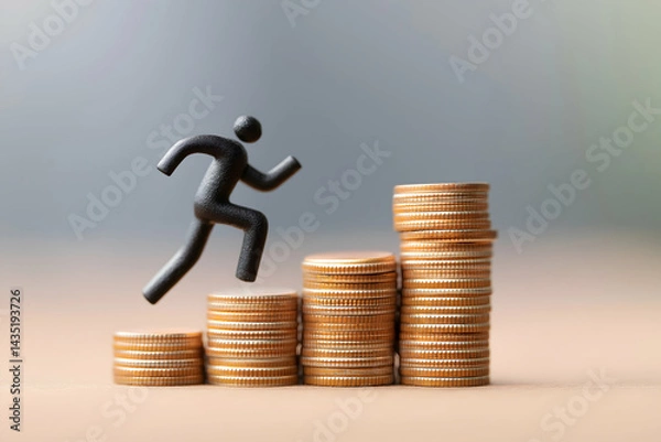 Obraz A figure is running up a stack of coins, symbolizing financial growth and success.