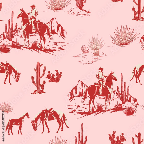 Obraz Cute Rodeo Cowboys seamless vector pattern. desert landscape with cacti repeating background. Wild West surface pattern design for All fabric and Prints