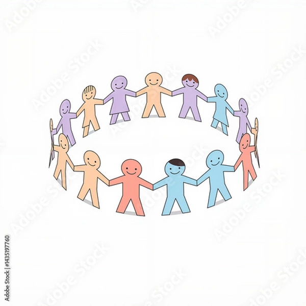 Obraz Diverse animated figures holding hands in unity against a light background,  in a vector style   