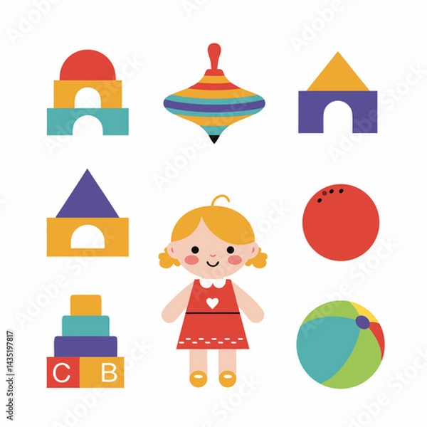 Obraz Colorful toys with a happy girl playing in a vector style  