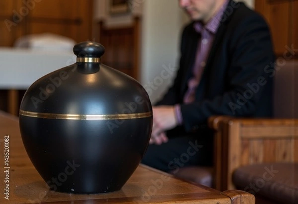 Fototapeta Man in Suit Contemplating Ashes in Elegant Black Urn  