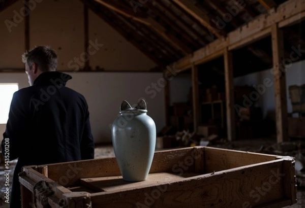 Fototapeta Person contemplating a vase in an abandoned barn  