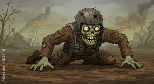 Fototapeta Digital illustration of a crawling zombie pilot in a damaged flight helmet, amidst a war-torn landscape featuring smoke, fire, and barren trees. 