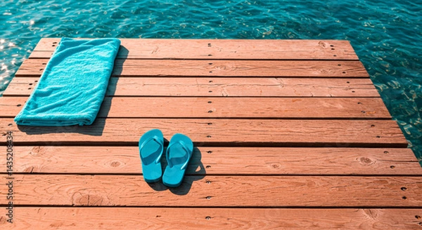 Obraz flip flops on the beach,flip flops on a rustic wooden dock, featuring a tropical beach setting with vibrant turquoise water for a calming vacation scene