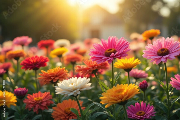 Fototapeta field of colorful flowers with the sun shining through them1