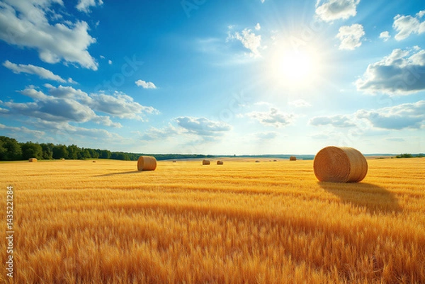 Fototapeta field of hay bales under a blue sky with clouds