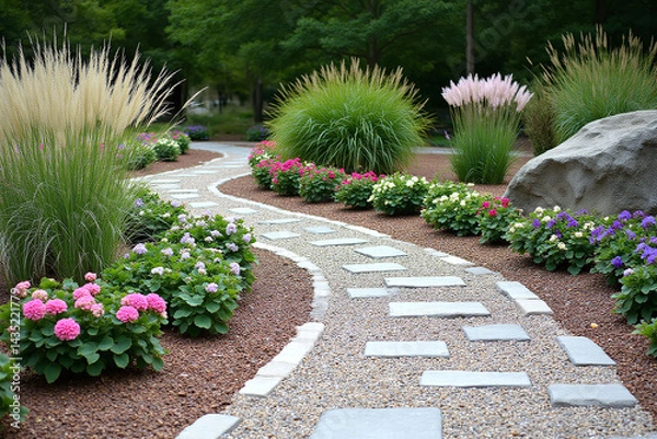 Fototapeta garden with lots of colorful flowers and rocks