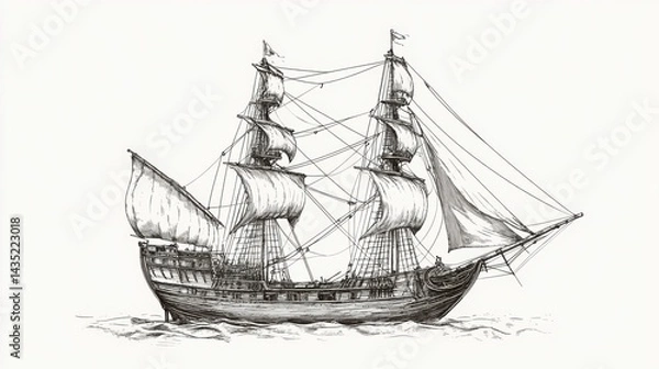 Fototapeta Line art vintage sketch of the Concepcian, Magellan's ship with elegant period details, on a minimalist white background