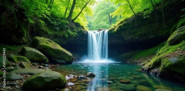 Fototapeta Waterfall cascading over rocks in a lush green forest , forest, jungle