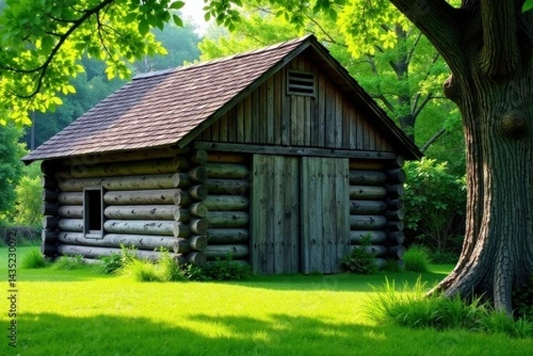 Fototapeta Weathered log barn with overhanging roof and lush greenery next to ancient tree trunk, cove, forest